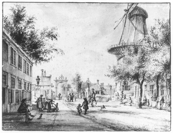 Het Lage Westeinde, bij de Heeremolen en de Loosduinsche Brug, getekend in 1770. Rechts, bij de bomen, het huizenblok waar Jan en Elisabeth vijftig jaar later zouden wonen. 